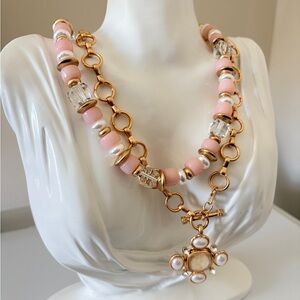 Gold Chain Necklace with Pink Beads and Pearl Pendant